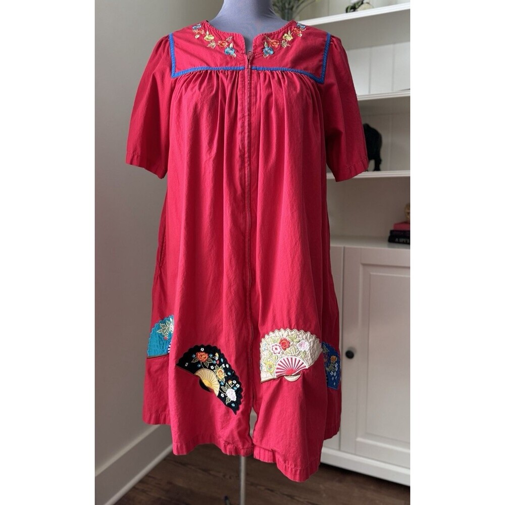 Vtg Go Softly Patio Dress XL Red Embroidered Muumuu Hippie Chic Boho Oriental
